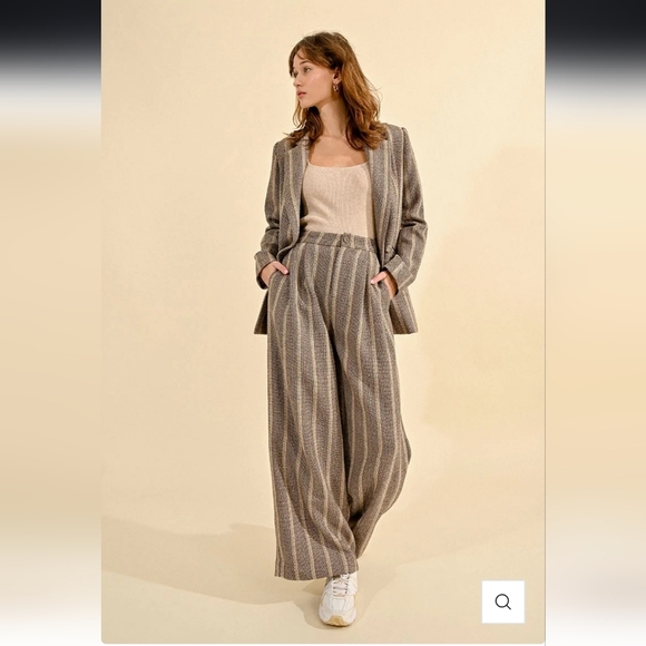 Molly Bracken Herringbone Wide leg High Waisted Tand And Brown Pants Size Large - Picture 1 of 12